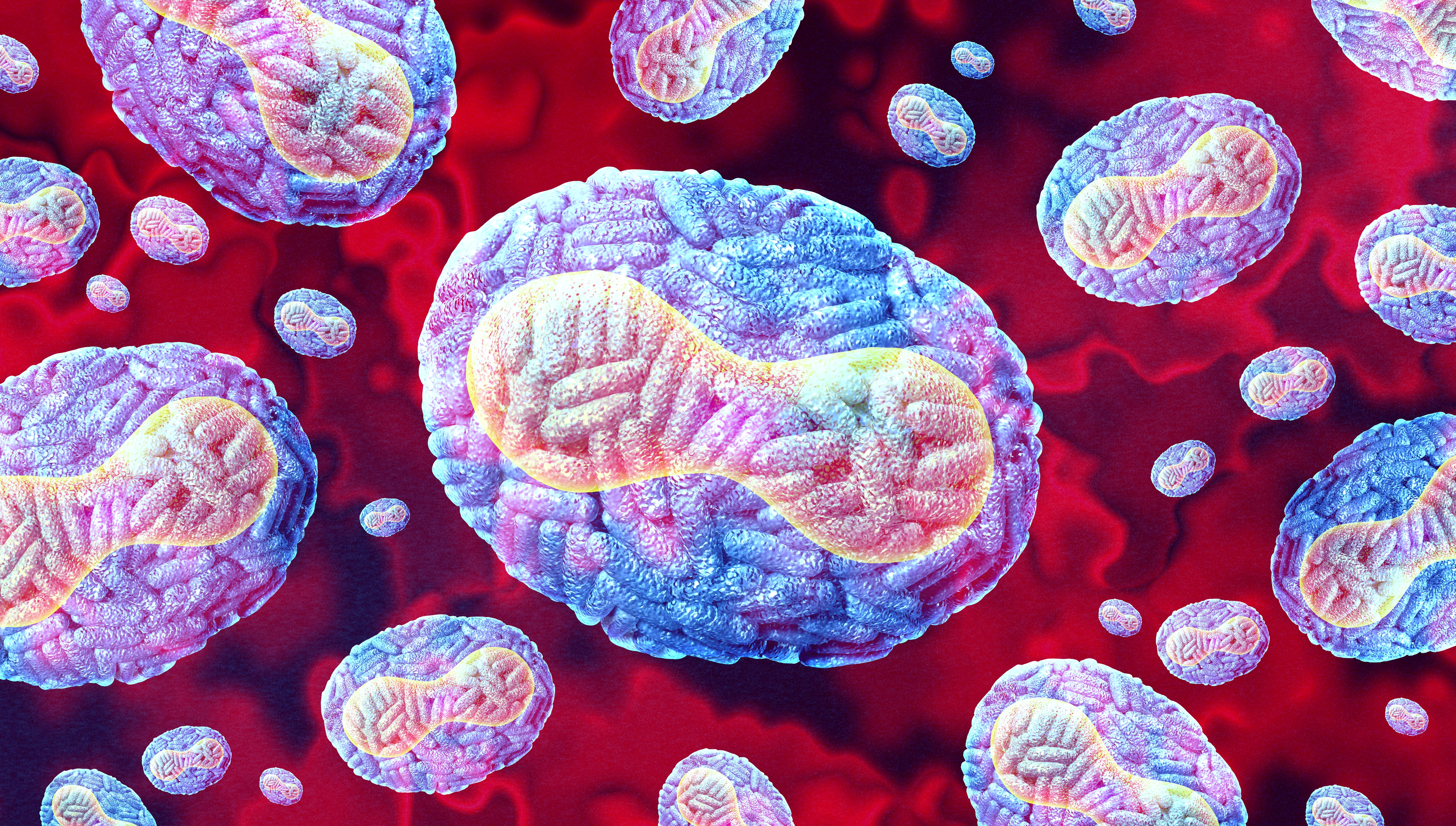 3D illustration of monkeypox virus particles under a microscope, showing oval-shaped virions with complex surface structure in a red background
