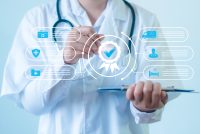 Doctor interacting with a digital healthcare compliance and clinical trial approval interface.