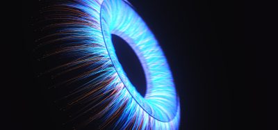 Abstract visualization of the human eye with glowing blue and orange light strands representing retinal and neural networks, symbolizing modifier gene therapy and vision restoration.
