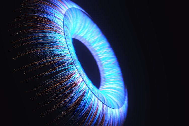 Abstract visualization of the human eye with glowing blue and orange light strands representing retinal and neural networks, symbolizing modifier gene therapy and vision restoration.