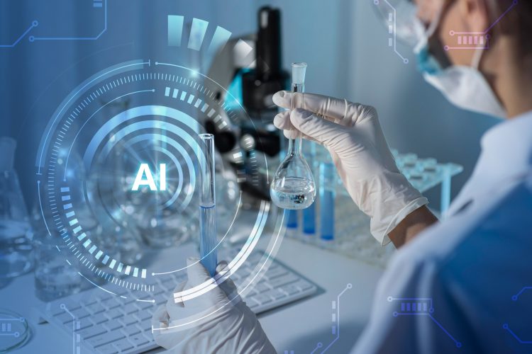 Scientist in a laboratory holding a glass flask while digital AI graphics overlay the scene, representing artificial intelligence and automation in lab research.