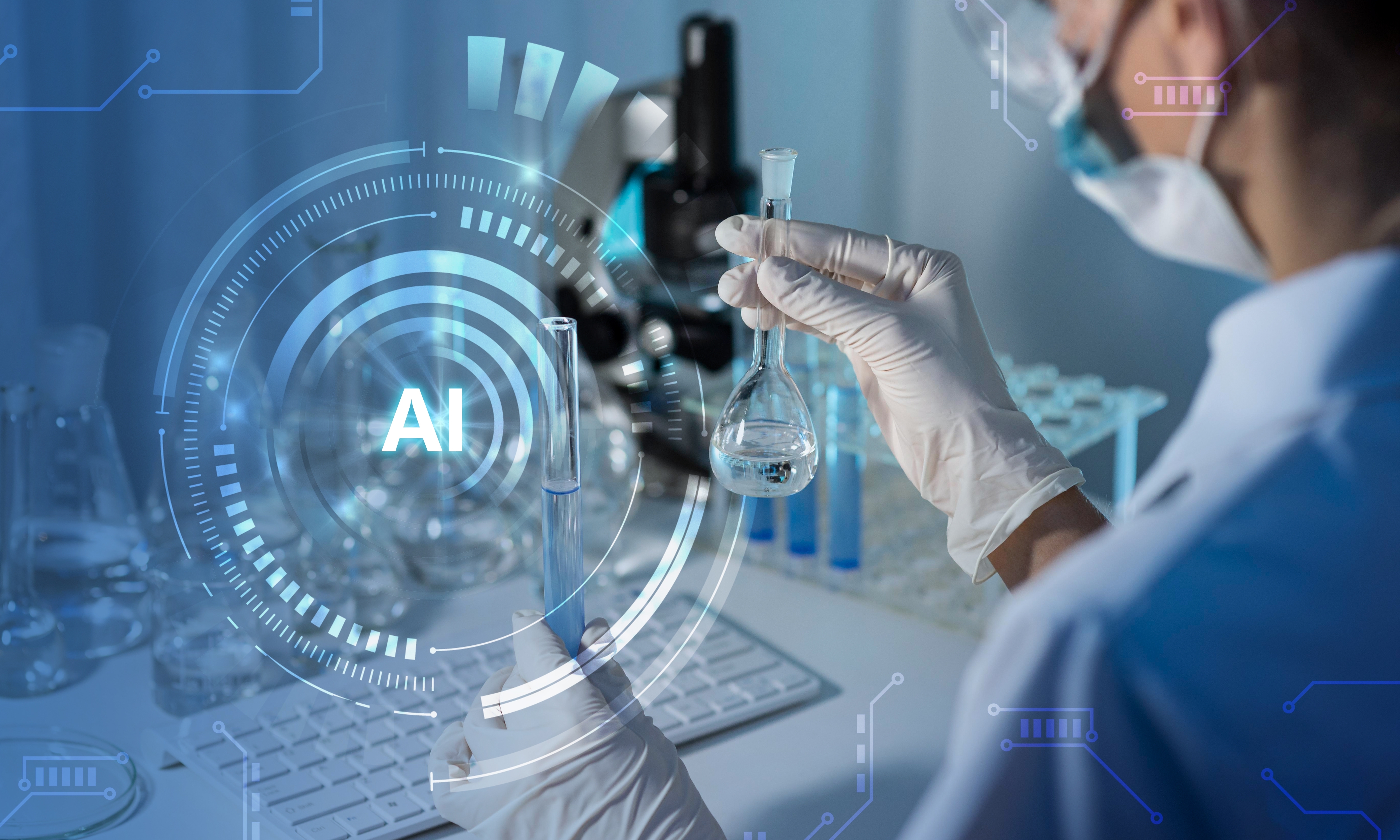 Scientist in a laboratory holding a glass flask while digital AI graphics overlay the scene, representing artificial intelligence and automation in lab research.