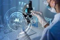AI assistant in biotechnology science experiment. Developing vaccine with artificial intelligence augmented reality virtual interface helping scientist analyze lab data.