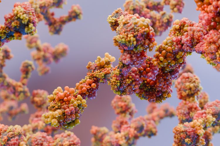 3D illustration of protein complexes showing molecular surface detail in red, orange and yellow, representing protein–protein interactions relevant to drug discovery.