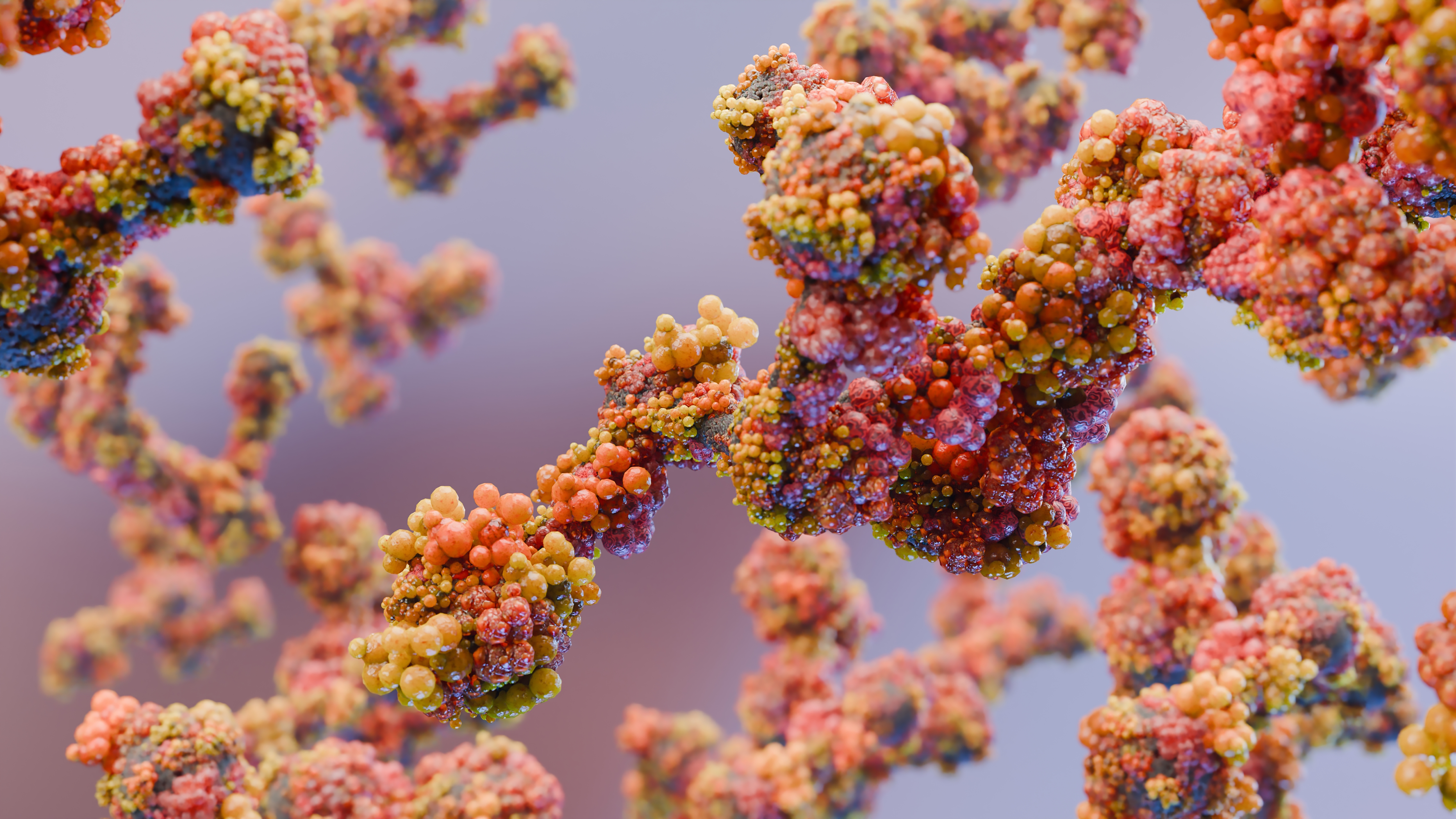 3D illustration of protein complexes showing molecular surface detail in red, orange and yellow, representing protein–protein interactions relevant to drug discovery.