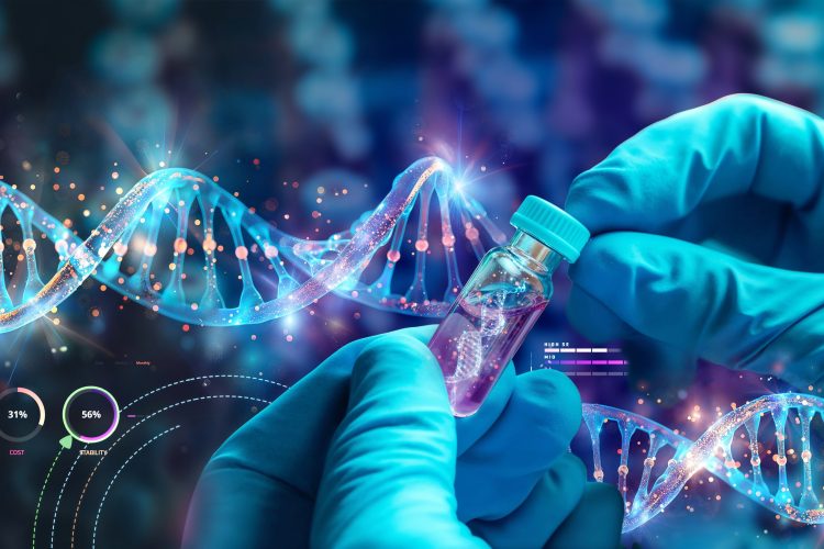 Gloved hands holding a vial with a DNA helix overlay