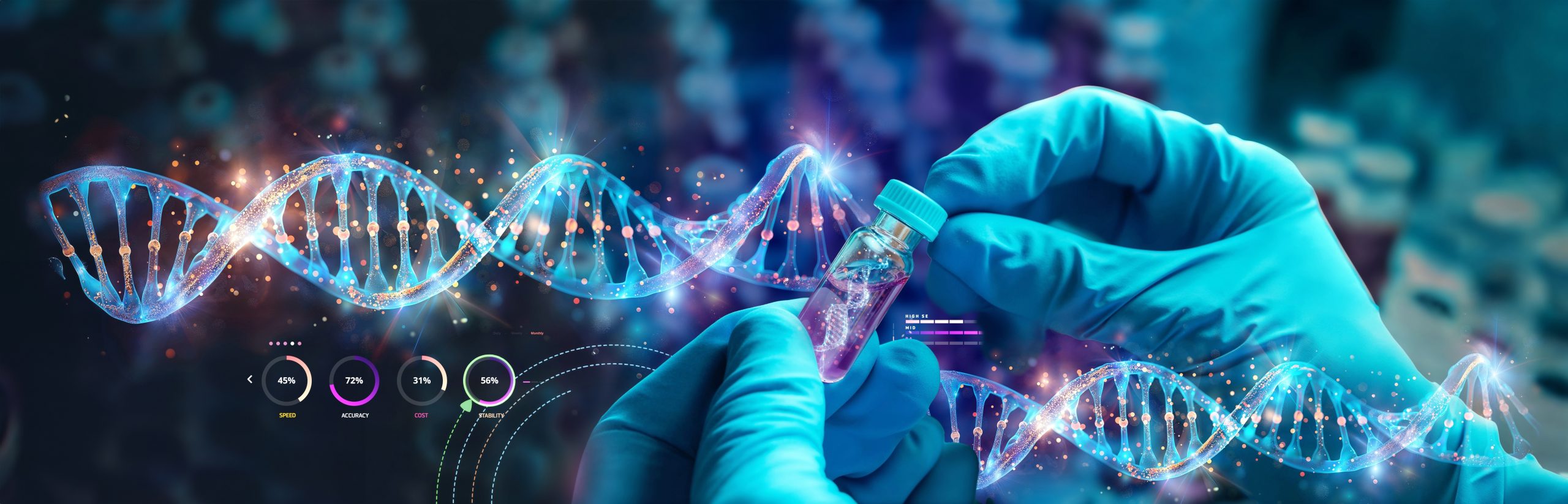 Gloved hands holding a vial with a DNA helix overlay