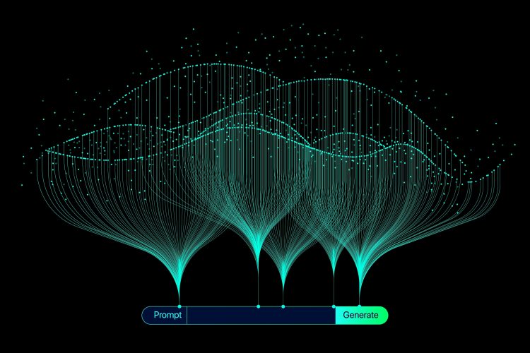 Illustration of abstract stream information with line and dot. Big data, technology, AI, data transfer, data flow, generative ai, large language model background