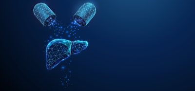 Digital illustration of a liver formed by blue polygonal wireframe, positioned beneath an open capsule releasing glowing particles, symbolizing targeted drug delivery or liver-specific therapy. The futuristic style reflects medical innovation and biotechnology.