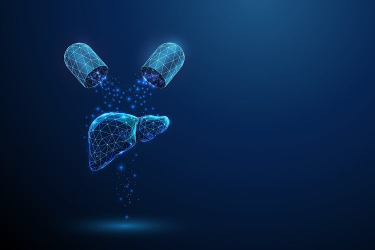 Digital illustration of a liver formed by blue polygonal wireframe, positioned beneath an open capsule releasing glowing particles, symbolizing targeted drug delivery or liver-specific therapy. The futuristic style reflects medical innovation and biotechnology.