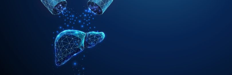 Digital illustration of a liver formed by blue polygonal wireframe, positioned beneath an open capsule releasing glowing particles, symbolizing targeted drug delivery or liver-specific therapy. The futuristic style reflects medical innovation and biotechnology.
