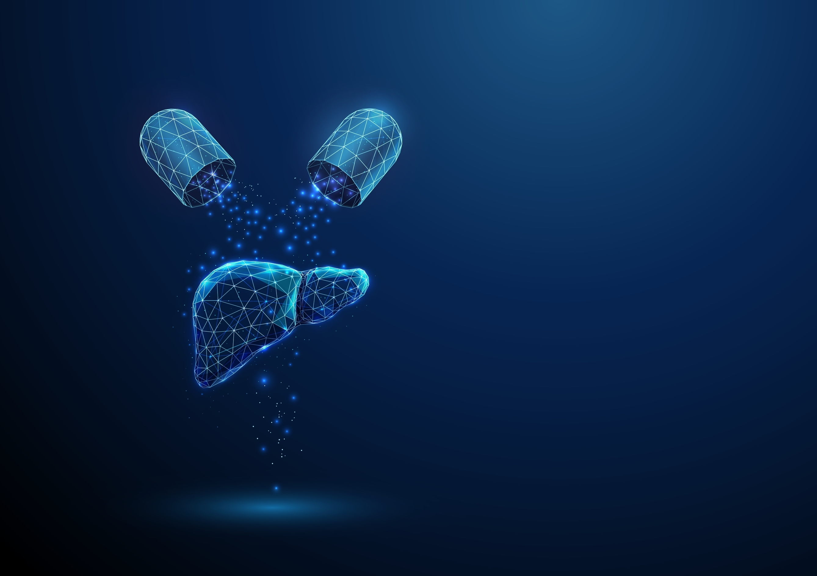 Digital illustration of a liver formed by blue polygonal wireframe, positioned beneath an open capsule releasing glowing particles, symbolizing targeted drug delivery or liver-specific therapy. The futuristic style reflects medical innovation and biotechnology.