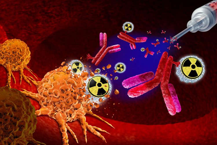 Illustration of radiopharmaceuticals targeting and destroying cancer cells using radioactive isotopes and antibodies.
