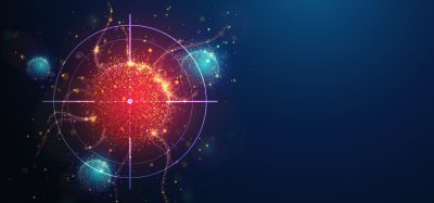 Abstract vertical illustration of targeting cancer cell made of glowing neon particles. Blue geometric background depicting cancer cell screening and disease treatment medical concept. Digital art