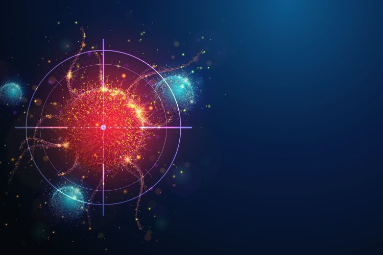 Abstract vertical illustration of targeting cancer cell made of glowing neon particles. Blue geometric background depicting cancer cell screening and disease treatment medical concept. Digital art