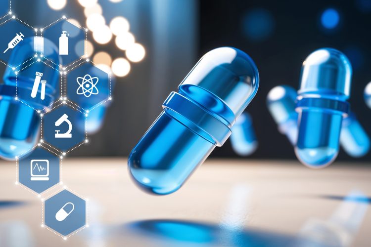 Blue capsules floating with scientific icons representing drug discovery and biotechnology.