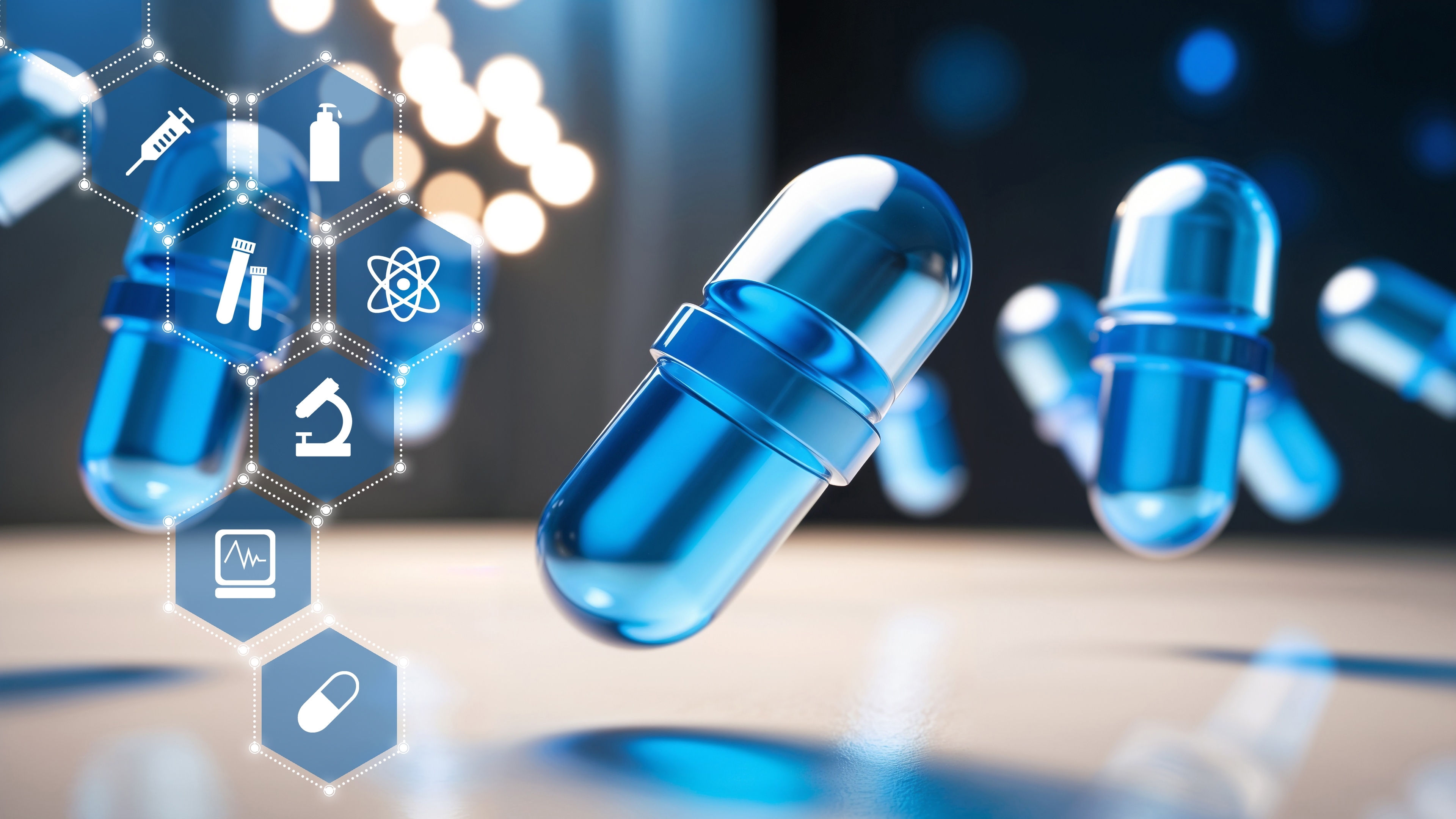 Blue capsules floating with scientific icons representing drug discovery and biotechnology.