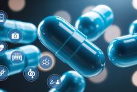 AI-driven drug discovery concept showing blue pharmaceutical capsules surrounded by digital icons representing data analysis, genomics, and computational science