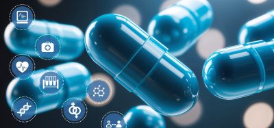 AI-driven drug discovery concept showing blue pharmaceutical capsules surrounded by digital icons representing data analysis, genomics, and computational science