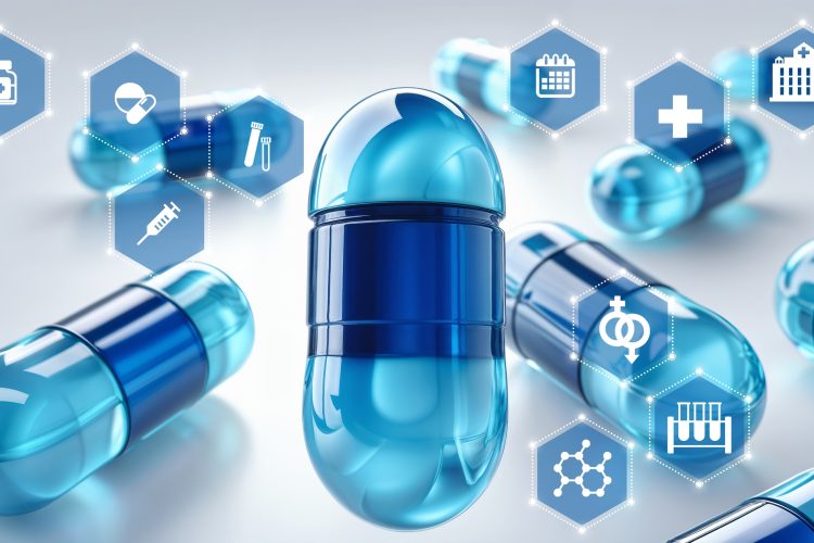 A close-up of blue pharmaceutical capsules surrounded by digital hexagon icons representing medical and laboratory technologies, symbolising modern drug discovery and data-driven research.