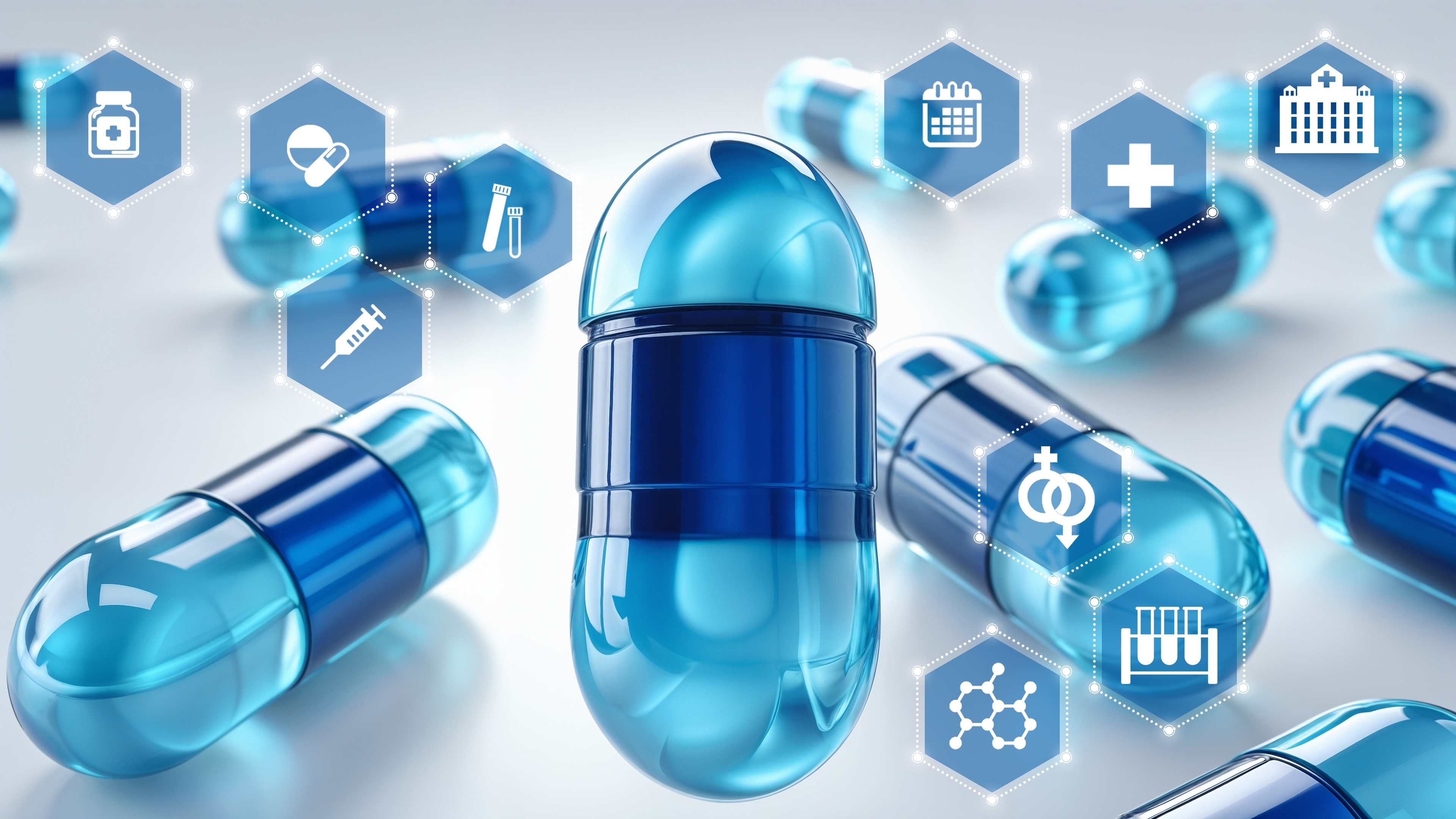A close-up of blue pharmaceutical capsules surrounded by digital hexagon icons representing medical and laboratory technologies, symbolising modern drug discovery and data-driven research.
