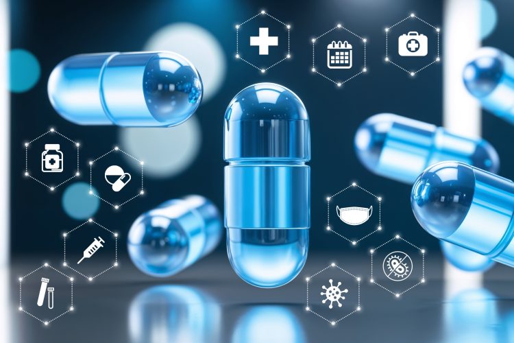 Futuristic blue medical capsules surrounded by hexagonal healthcare icons, symbolizing AI-driven drug discovery and advanced pharmaceutical development