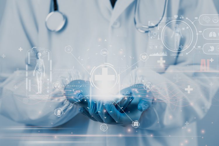 A doctor holding a glowing digital interface with medical and AI icons, symbolizing the integration of artificial intelligence and real-time data in modern healthcare and pharmaceutical innovation.