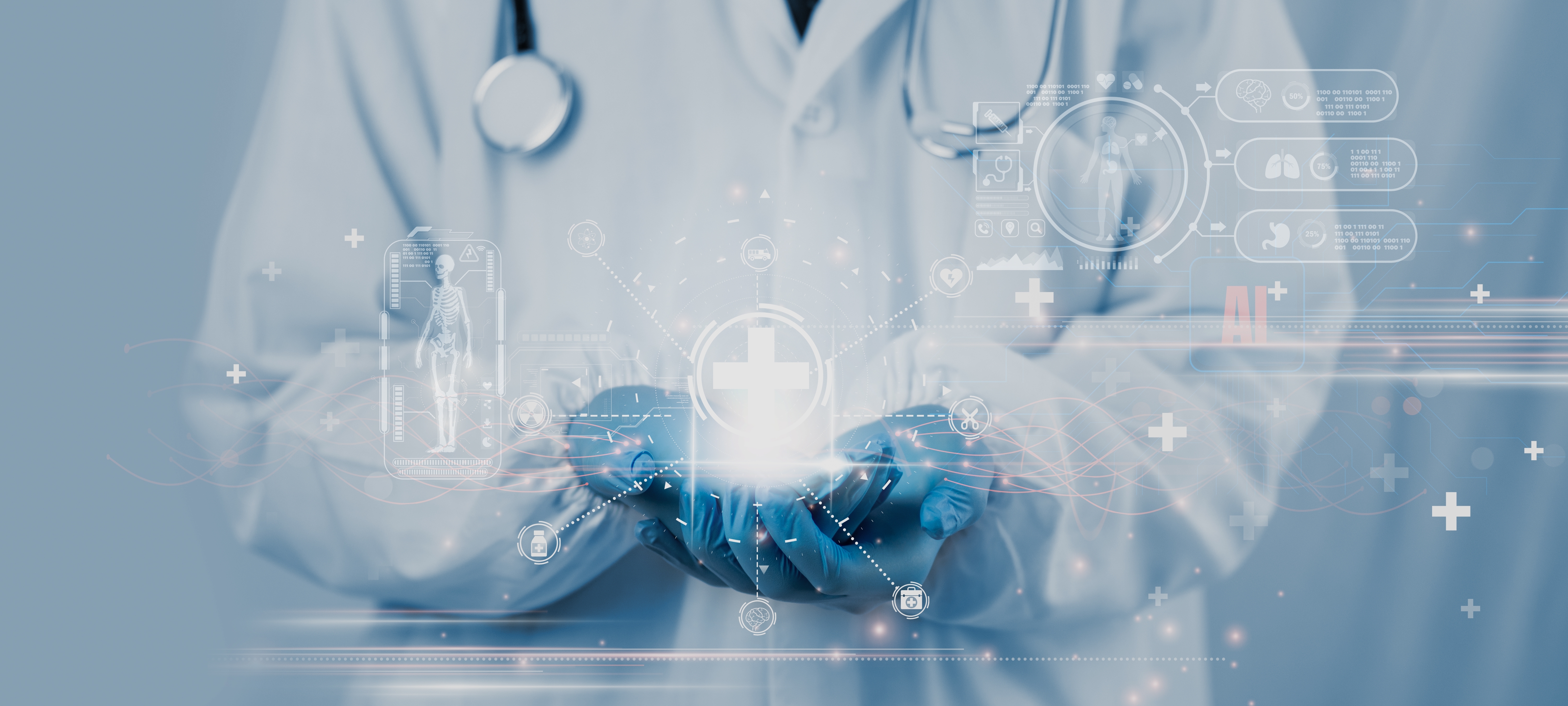 A doctor holding a glowing digital interface with medical and AI icons, symbolizing the integration of artificial intelligence and real-time data in modern healthcare and pharmaceutical innovation.