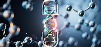 3D illustration of a DNA double helix enclosed within a transparent capsule surrounded by molecular structures, representing precision drug design and biotechnology innovation