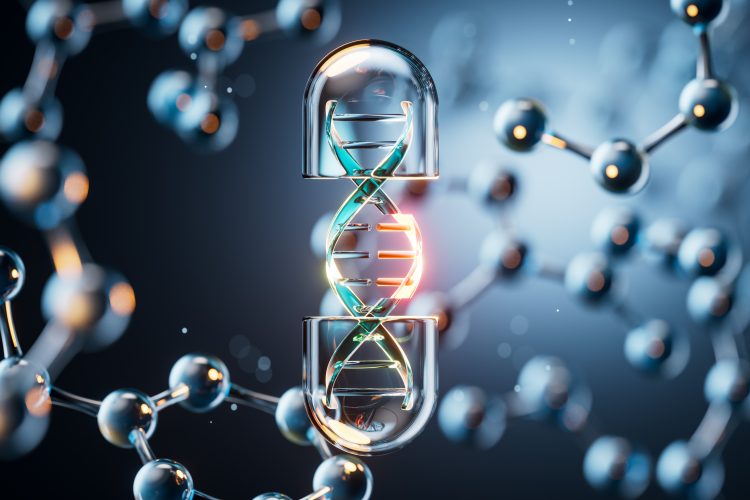 3D illustration of a DNA double helix enclosed within a transparent capsule surrounded by molecular structures, representing precision drug design and biotechnology innovation