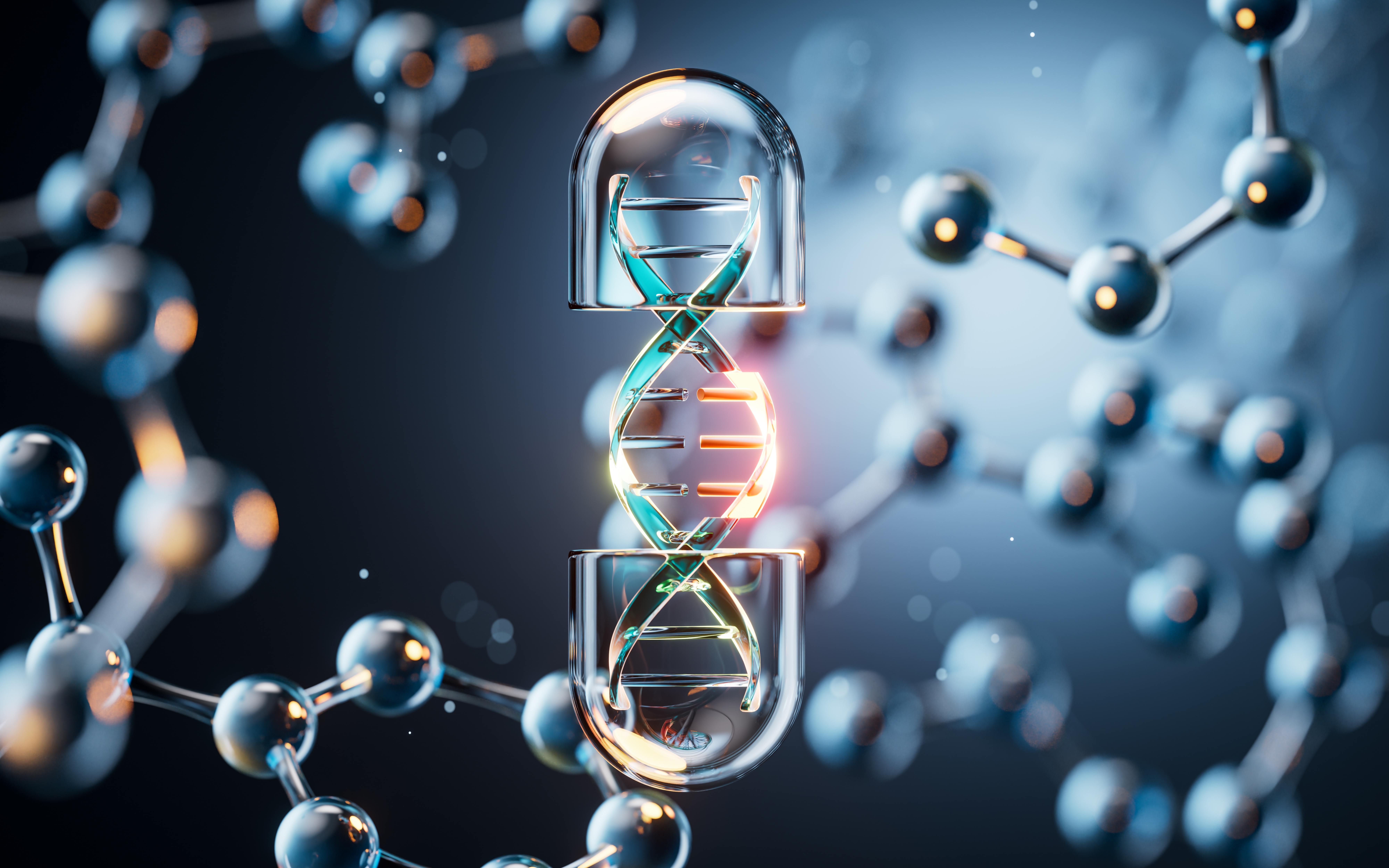 3D illustration of a DNA double helix enclosed within a transparent capsule surrounded by molecular structures, representing precision drug design and biotechnology innovation