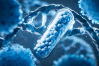3D illustration of a pharmaceutical capsule filled with small blue spheres, surrounded by abstract biological cells and molecular structures, symbolizing drug discovery and biotechnology.