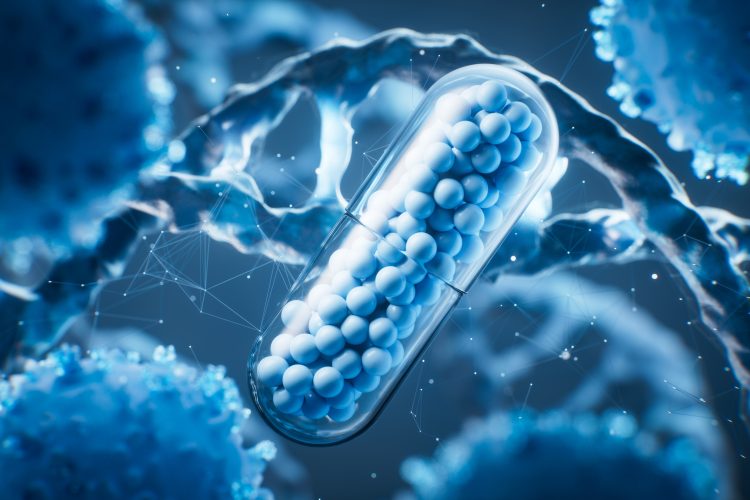 3D illustration of a pharmaceutical capsule filled with small blue spheres, surrounded by abstract biological cells and molecular structures, symbolizing drug discovery and biotechnology.
