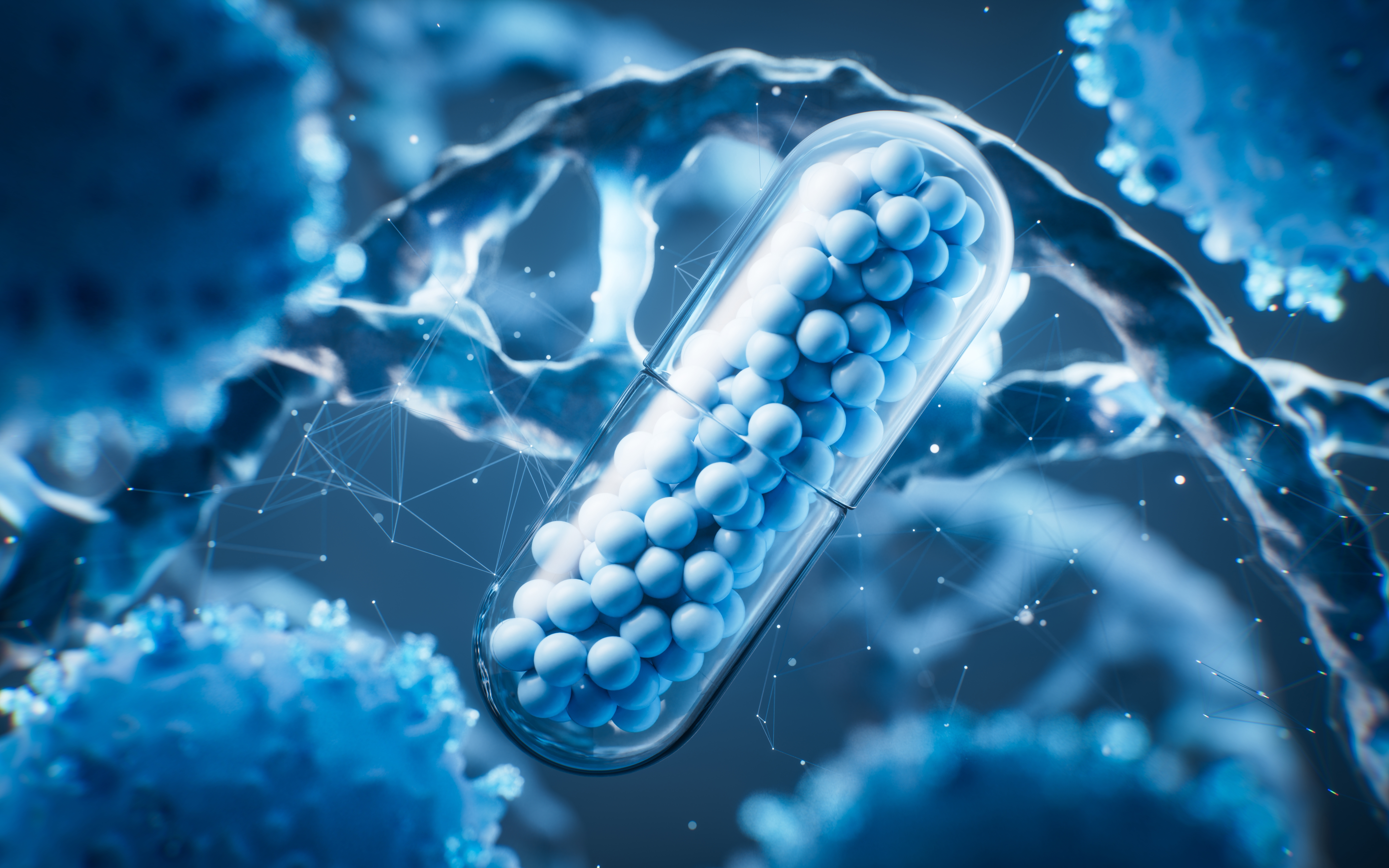 3D illustration of a pharmaceutical capsule filled with small blue spheres, surrounded by abstract biological cells and molecular structures, symbolizing drug discovery and biotechnology.