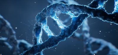 Close-up 3D illustration of a DNA double helix showing detailed chromatin texture and network-like connections, representing genome folding and multi-omics analysis.