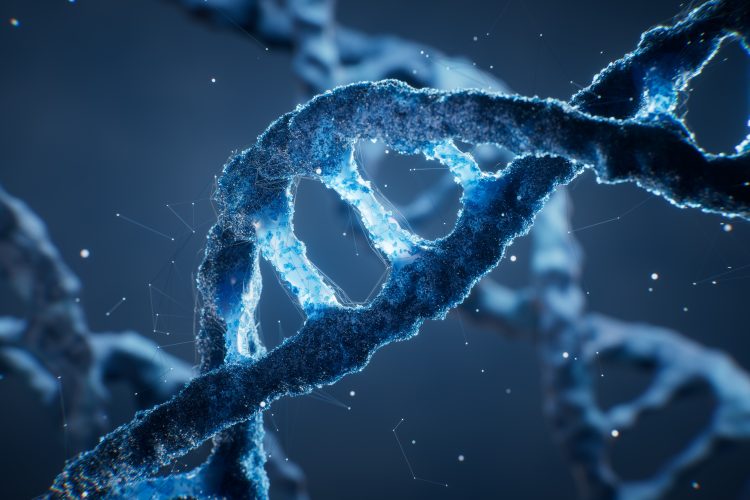 Close-up 3D illustration of a DNA double helix showing detailed chromatin texture and network-like connections, representing genome folding and multi-omics analysis.