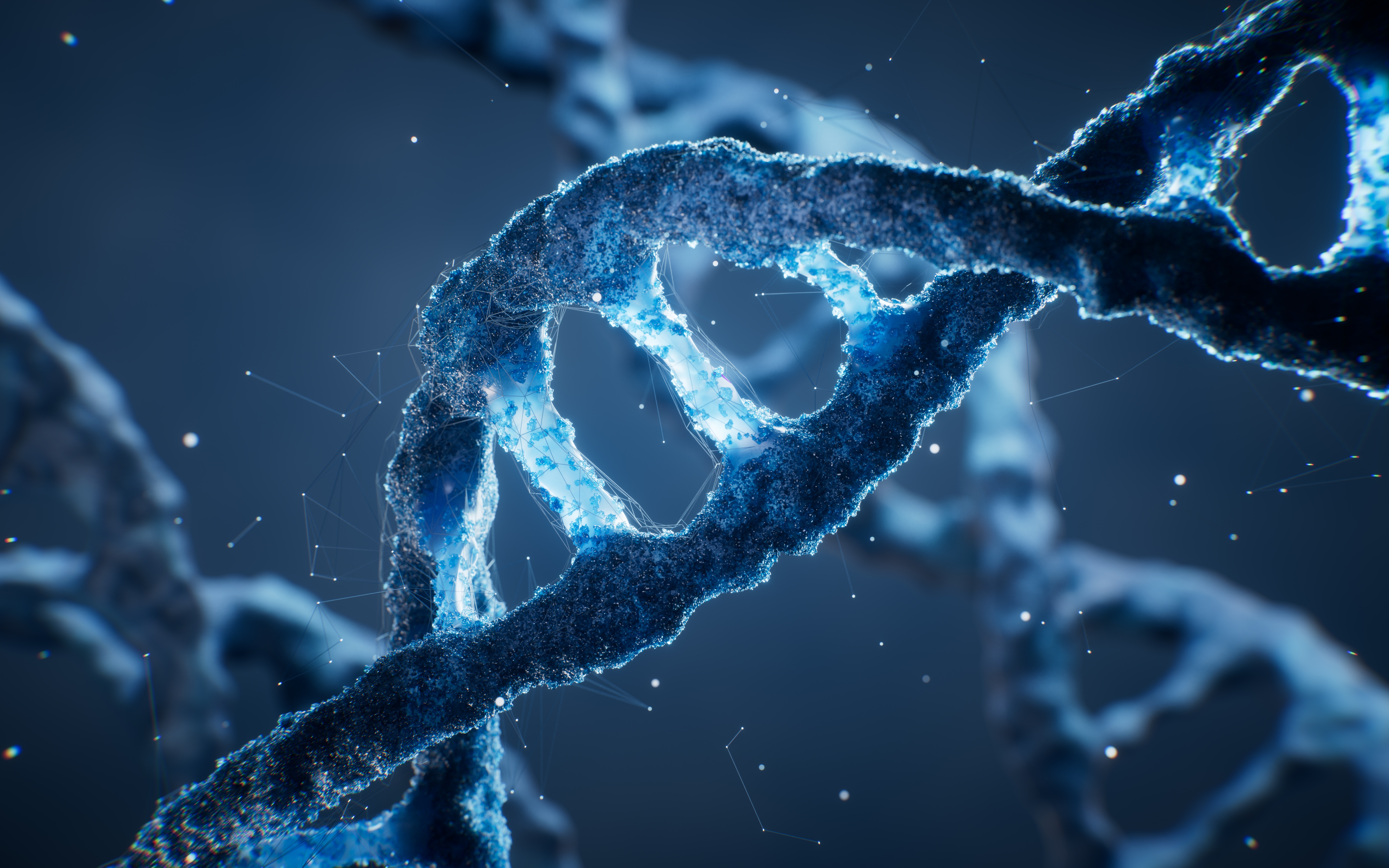 Close-up 3D illustration of a DNA double helix showing detailed chromatin texture and network-like connections, representing genome folding and multi-omics analysis.
