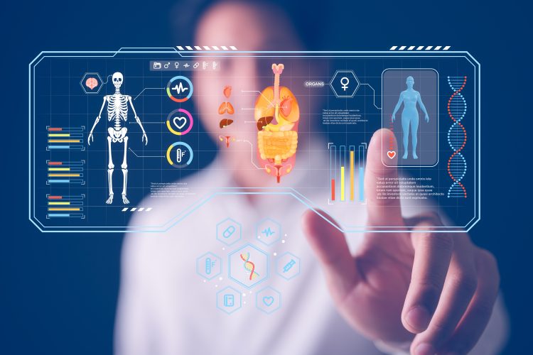 Doctor interacting with a futuristic digital medical interface showing human skeleton, organs, DNA strands, and health data visualisations, symbolising AI and precision medicine.