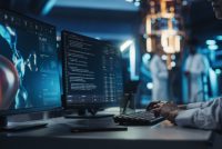Anonymous Medical Researcher Working in Modern Office on a Desktop Computer with Molecular Modelling Software and Source Code on Screen. Biologist Designing New Drug Molecules to Combat Bacteria