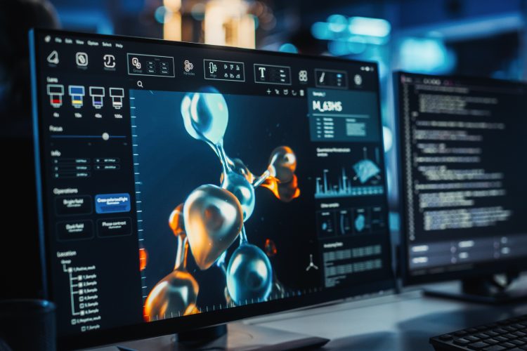Computer screens displaying a 3D molecular structure simulation used for computational drug discovery and protein modelling.