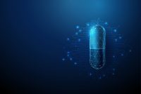 Digital illustration of a glowing capsule pill with circuit lines, symbolising artificial intelligence in drug discovery and pharmaceutical innovation