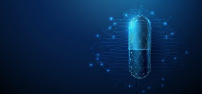 Digital illustration of a glowing capsule pill with circuit lines, symbolising artificial intelligence in drug discovery and pharmaceutical innovation