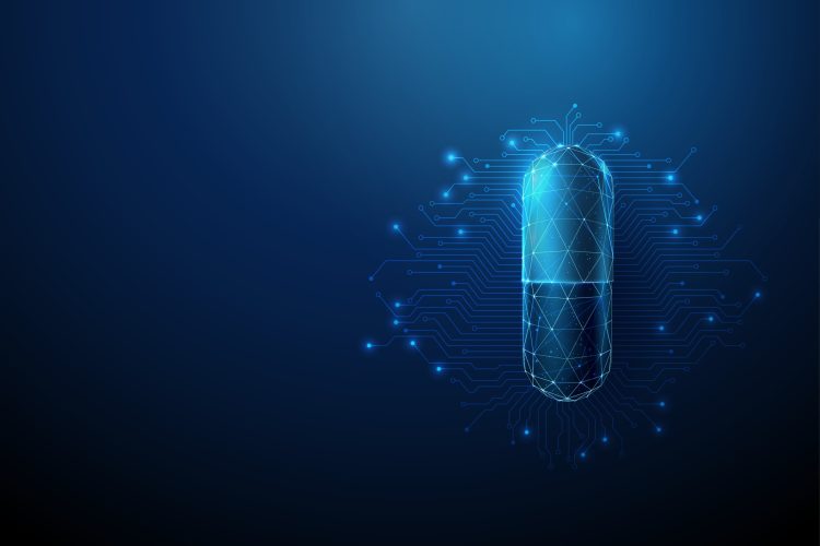 Digital illustration of a glowing capsule pill with circuit lines, symbolising artificial intelligence in drug discovery and pharmaceutical innovation