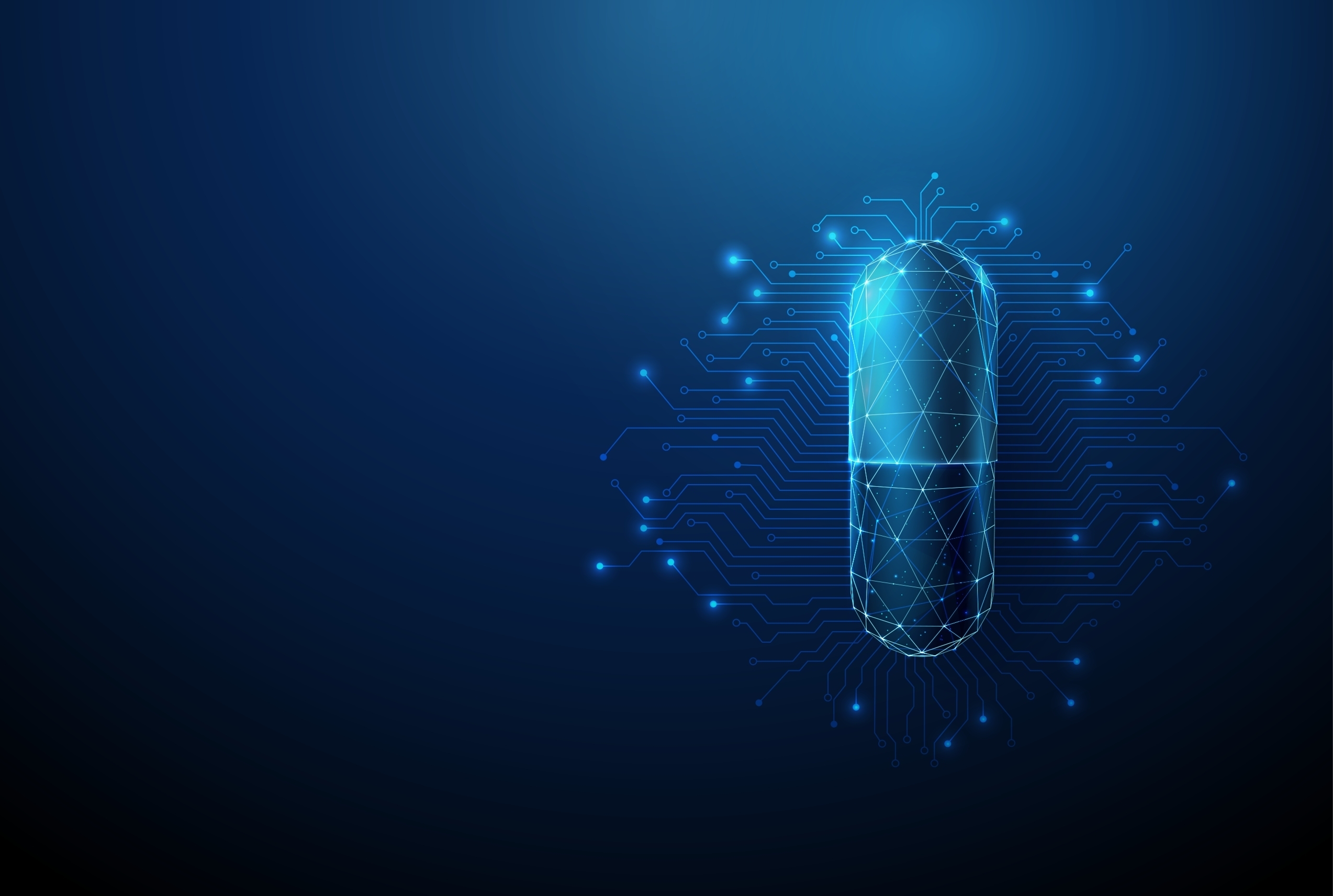 Digital illustration of a glowing capsule pill with circuit lines, symbolising artificial intelligence in drug discovery and pharmaceutical innovation