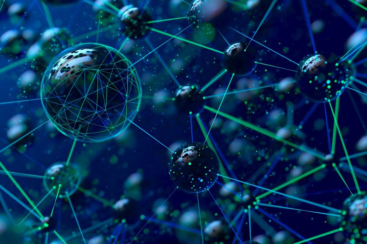 Abstract network of interconnected nodes representing drug–target interactions in a biological system.