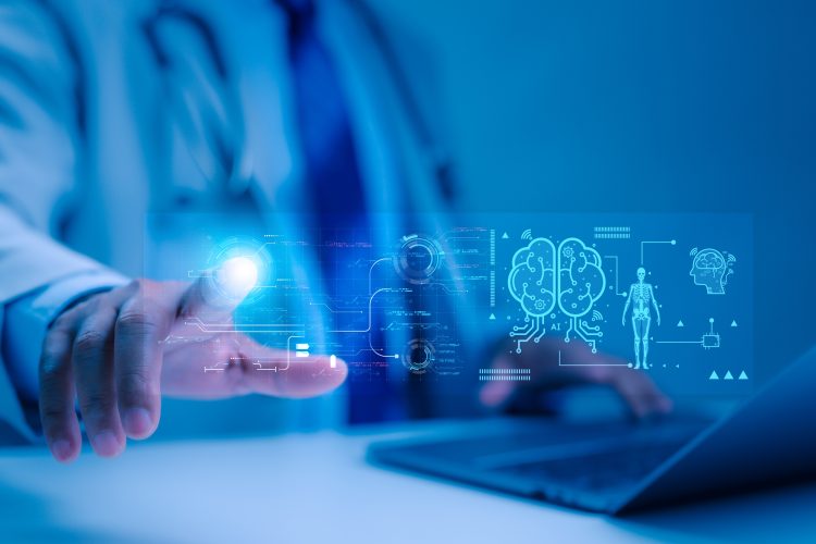 A doctor interacts with a futuristic holographic medical interface showing AI-generated health and drug discovery data.