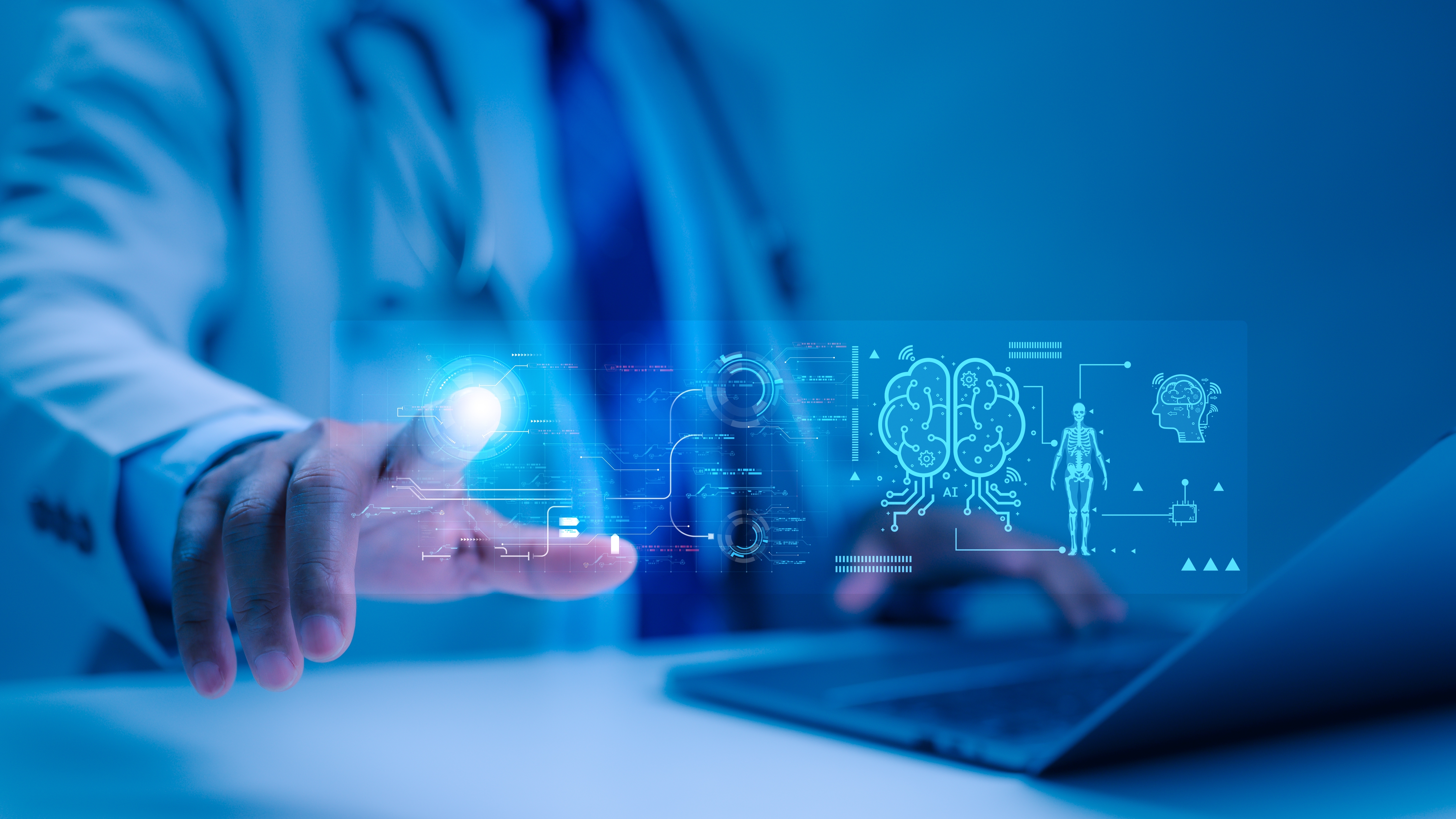 A doctor interacts with a futuristic holographic medical interface showing AI-generated health and drug discovery data.