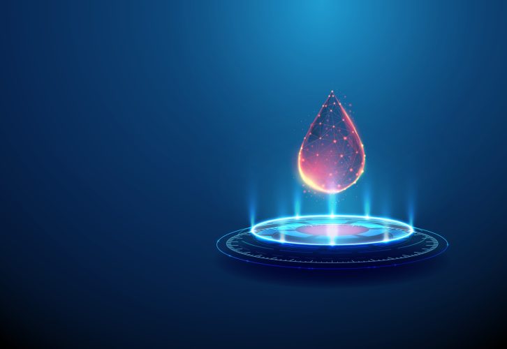 Futuristic digital illustration of a glowing droplet composed of connected nodes, hovering above a circular holographic platform on a dark blue background - representing biotechnology, data-driven biomarker discovery, or medical diagnostics.