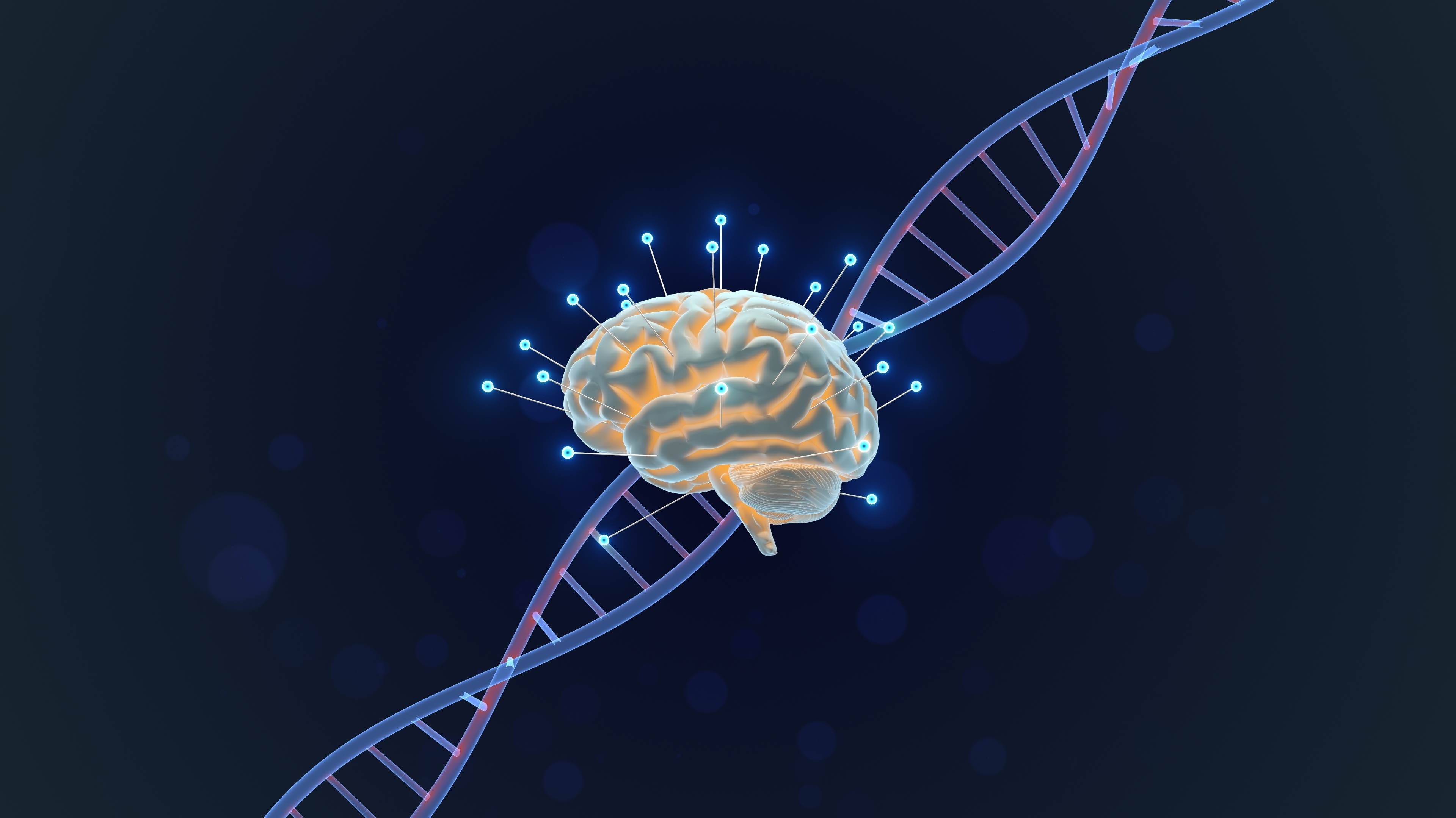 Illustration of a human brain with a DNA helix, representing gene expression changes in neuroscience research