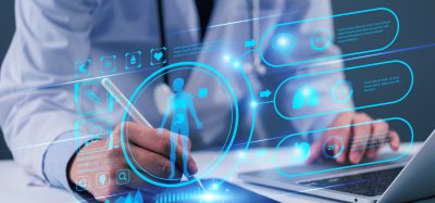 Digital medical interface with AI-driven clinical data visualisations over laboratory equipment